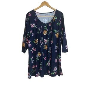 Woman Within Plus Navy Floral Tunic Top 1X 22/24 Casual Flower Casual 3/4 Sleeve
